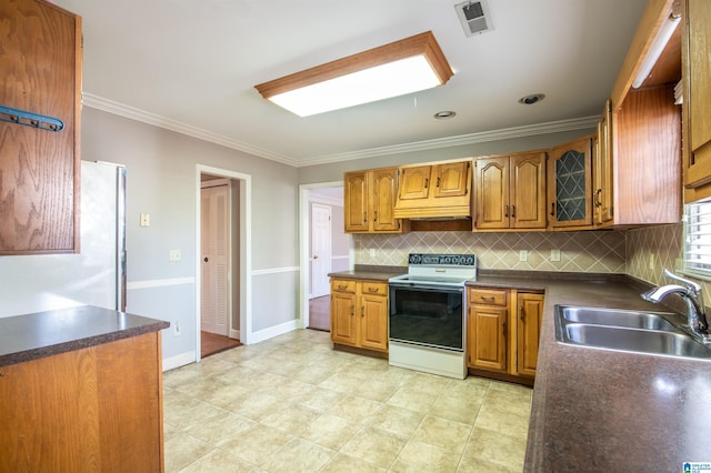 kitchen with white electric range oven, crown molding, decorative backsplash, and sink