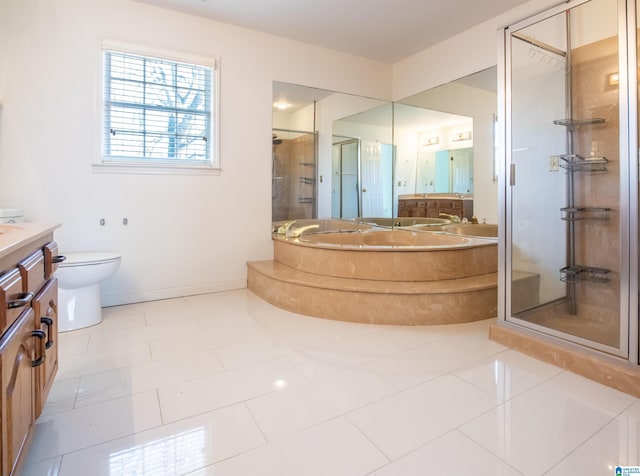 full bathroom featuring toilet, vanity, separate shower and tub, and tile patterned flooring