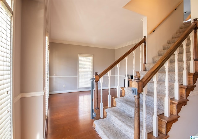 stairs with hardwood / wood-style flooring and ornamental molding