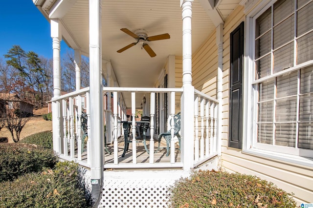 exterior space featuring ceiling fan