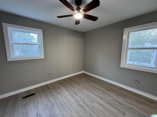 spare room with ceiling fan, plenty of natural light, and wood-type flooring