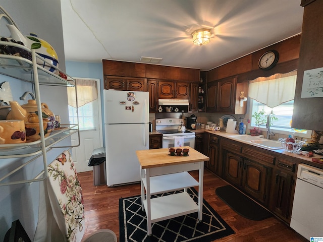 kitchen with dark hardwood / wood-style flooring, sink, white appliances, and dark brown cabinetry