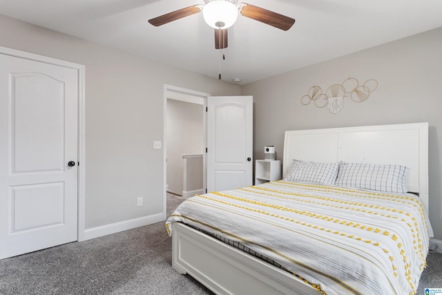 bedroom featuring carpet flooring, baseboards, and ceiling fan