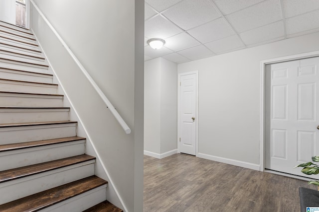 stairway featuring a paneled ceiling, baseboards, and wood finished floors