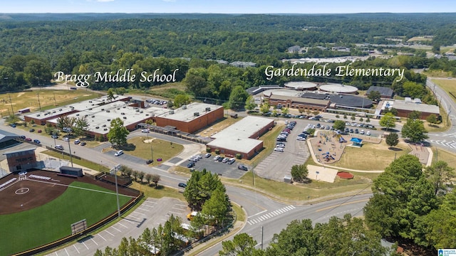 drone / aerial view with a wooded view