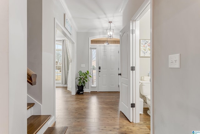 entrance foyer with stairway, hardwood / wood-style floors, and ornamental molding