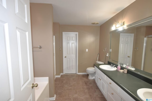 full bathroom featuring vanity, separate shower and tub, and toilet