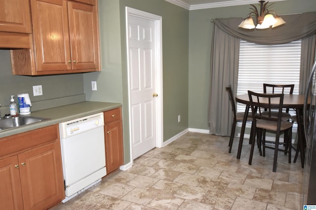 kitchen with a notable chandelier, dishwasher, sink, and crown molding