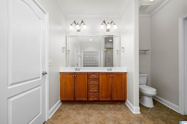 bathroom with an enclosed shower, ornamental molding, vanity, tile patterned flooring, and toilet