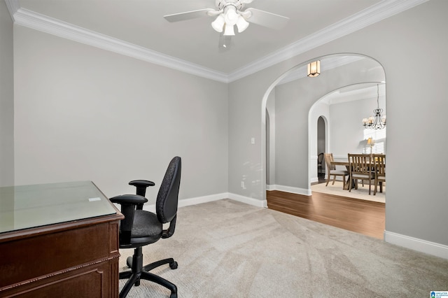 office area with crown molding, light carpet, and ceiling fan with notable chandelier