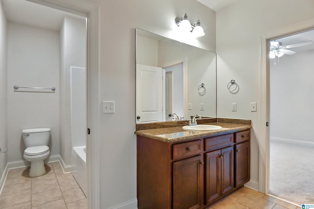 bathroom with toilet, ceiling fan, tile patterned floors, and vanity