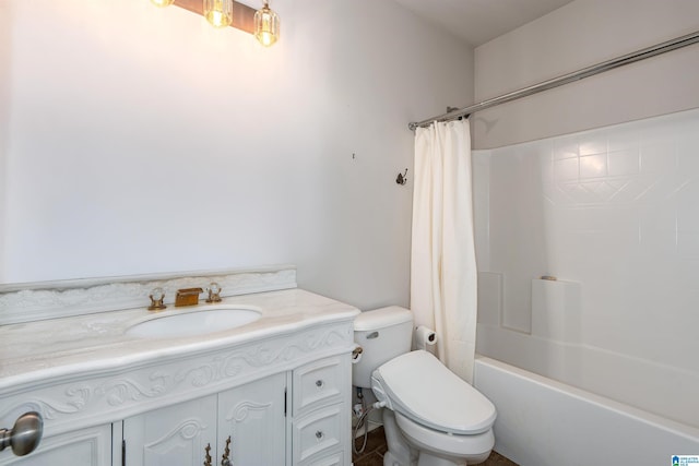 full bathroom with shower / bath combo, toilet, and vanity