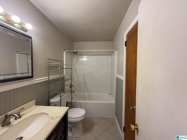 full bathroom featuring tile patterned floors, vanity, bathtub / shower combination, and toilet