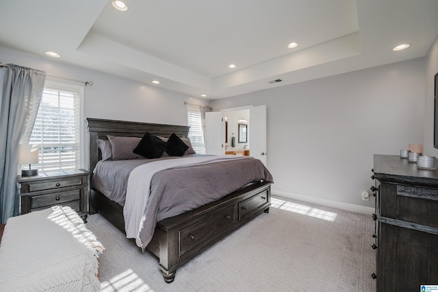 bedroom featuring a raised ceiling and light carpet