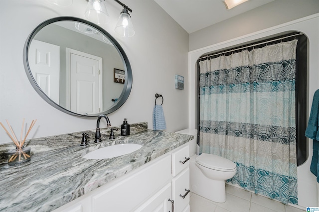 bathroom with walk in shower, tile patterned flooring, vanity, and toilet