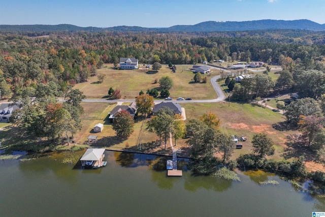 birds eye view of property with a water and mountain view