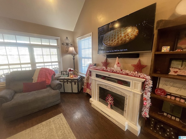 living room with a fireplace, vaulted ceiling, and dark wood-type flooring