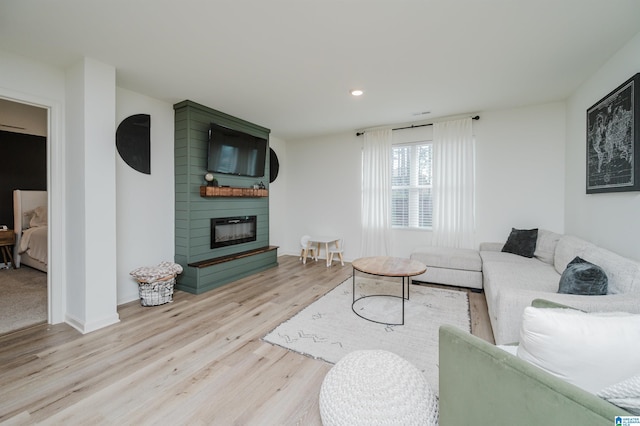 living room featuring a fireplace and light hardwood / wood-style flooring