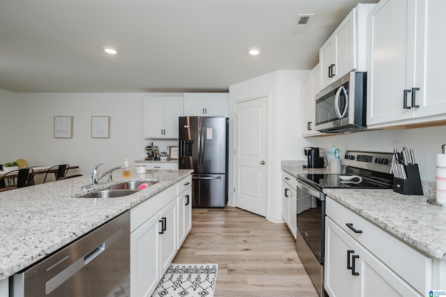 kitchen with sink, light hardwood / wood-style floors, light stone counters, white cabinetry, and stainless steel appliances