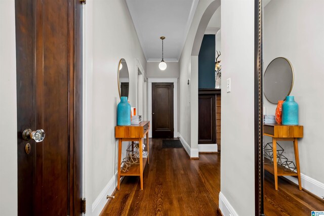 hallway featuring dark hardwood / wood-style floors and ornamental molding