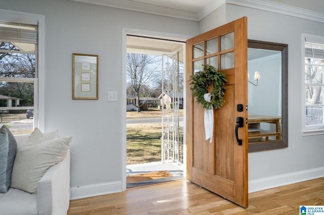 foyer entrance featuring crown molding and light hardwood / wood-style flooring