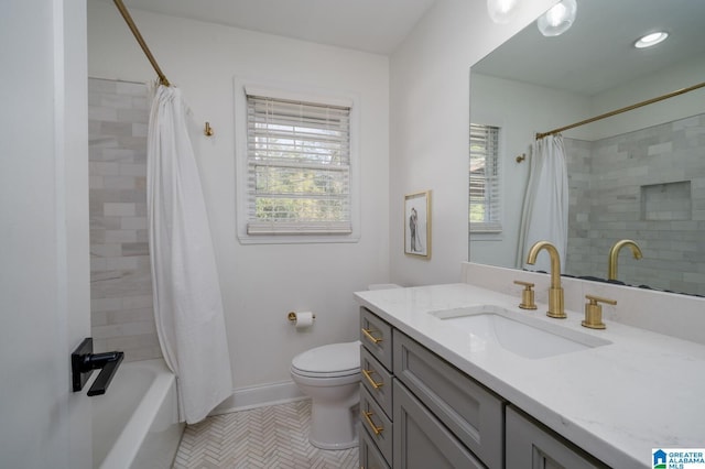 full bathroom with tile patterned flooring, vanity, shower / bath combination with curtain, and toilet