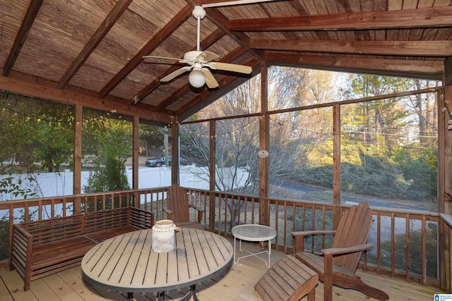 sunroom / solarium with lofted ceiling with beams, ceiling fan, and wood ceiling