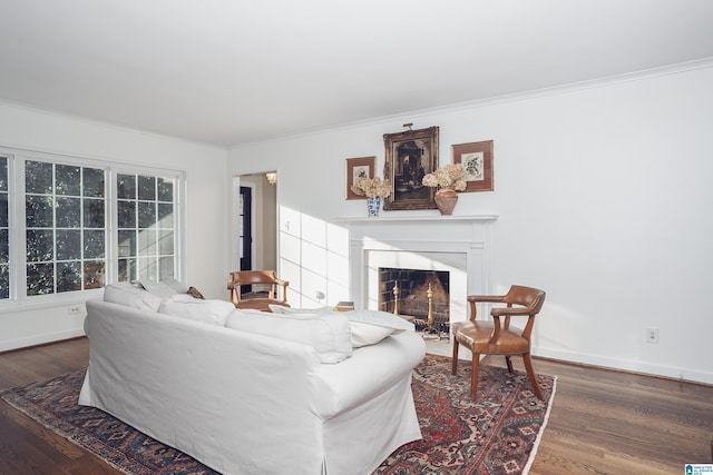 living room with hardwood / wood-style flooring and ornamental molding