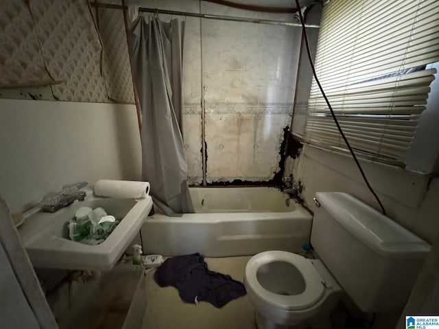 full bathroom with toilet, shower / bathtub combination with curtain, and sink