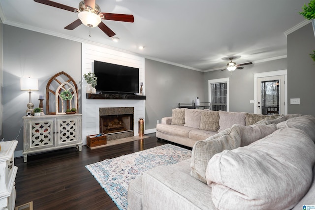 living room featuring ceiling fan, a large fireplace, dark hardwood / wood-style flooring, and crown molding