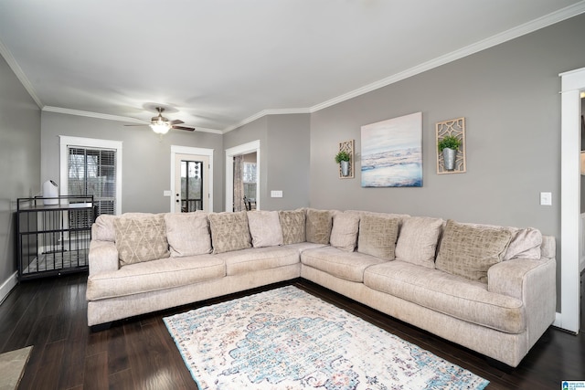 living room featuring dark hardwood / wood-style flooring, ceiling fan, and ornamental molding