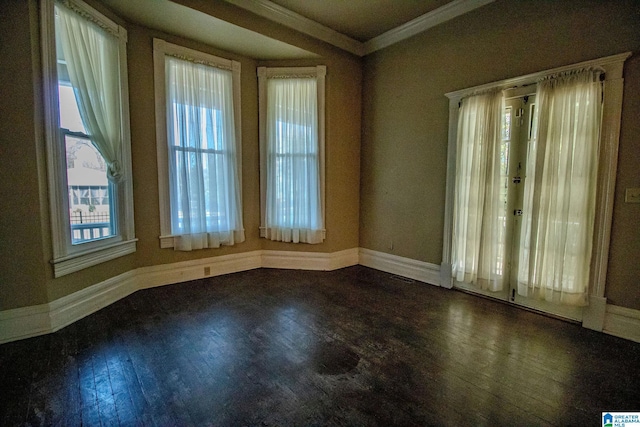 spare room featuring wood-type flooring, plenty of natural light, and crown molding