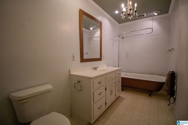 bathroom with a tub, an inviting chandelier, crown molding, toilet, and vanity