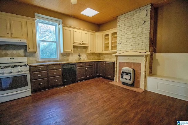 kitchen featuring sink, black dishwasher, white range with gas stovetop, heating unit, and white cabinets