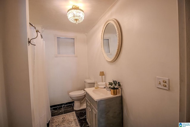 full bath with toilet, a chandelier, marble finish floor, vanity, and ornamental molding