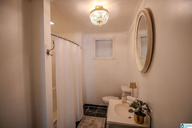 bathroom featuring toilet, a chandelier, marble finish floor, curtained shower, and vanity
