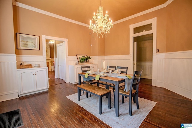 dining space featuring visible vents, a wainscoted wall, and dark wood-style flooring