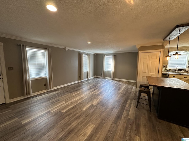 interior space with a textured ceiling, dark wood-type flooring, ornamental molding, and sink