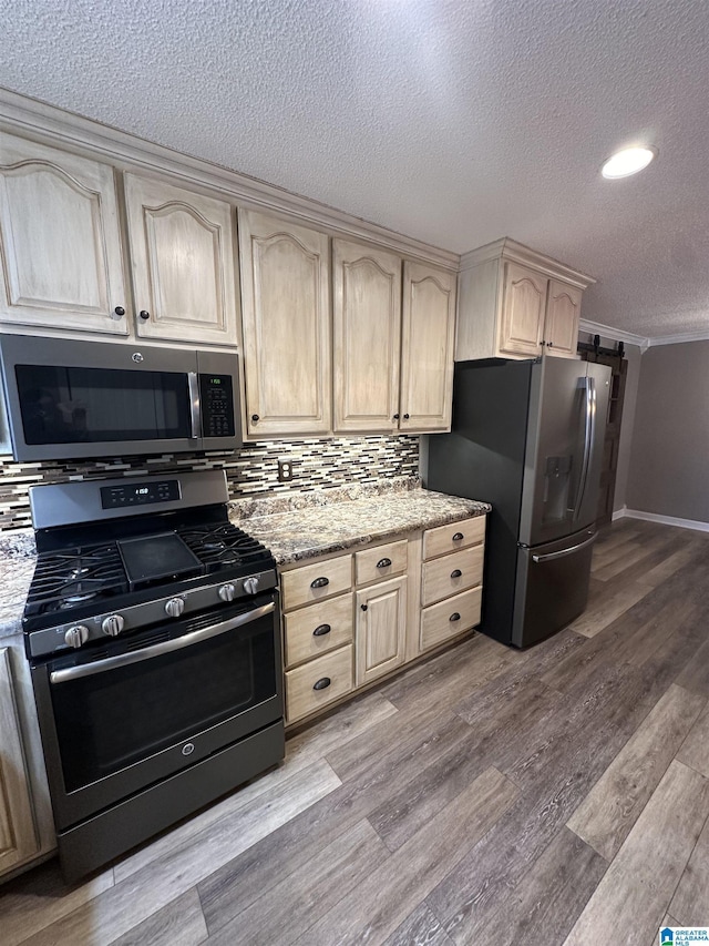 kitchen featuring light stone countertops, light brown cabinets, stainless steel appliances, and light hardwood / wood-style floors