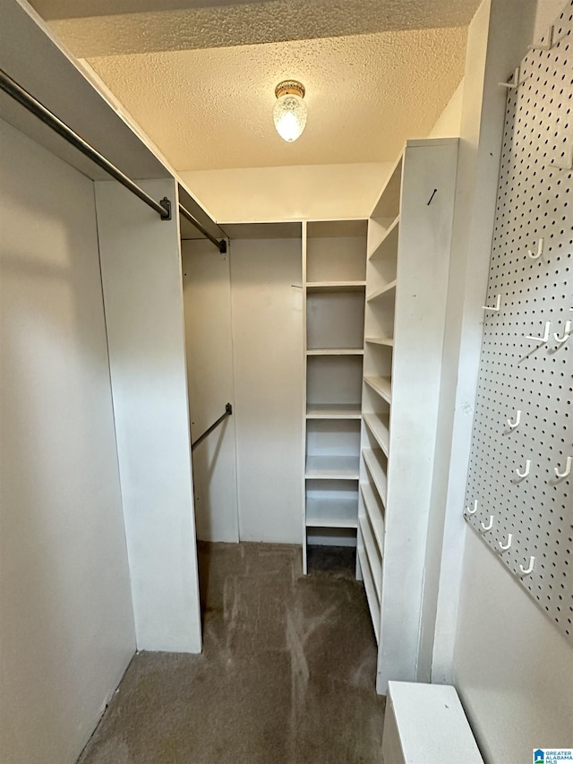 walk in closet featuring dark colored carpet