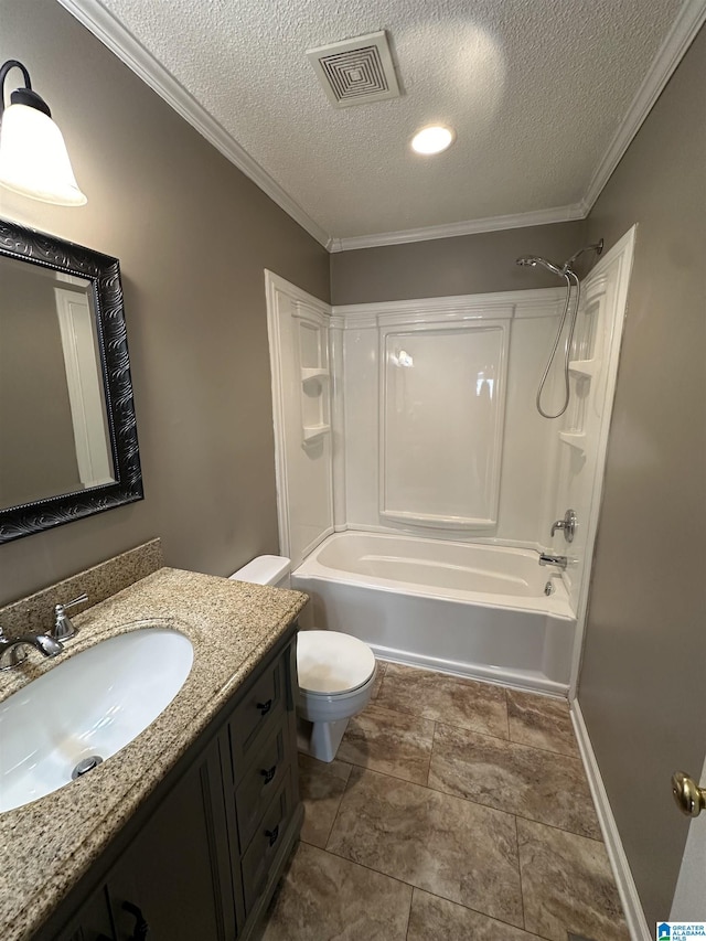 full bathroom featuring crown molding, toilet, shower / bath combination, and a textured ceiling