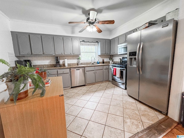 kitchen featuring appliances with stainless steel finishes, ceiling fan, sink, light tile patterned floors, and gray cabinets