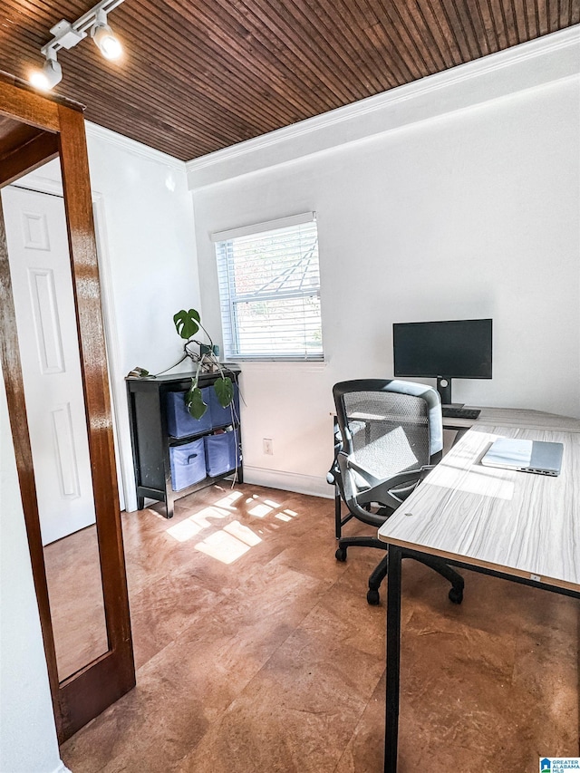 office space with wood ceiling, crown molding, and track lighting