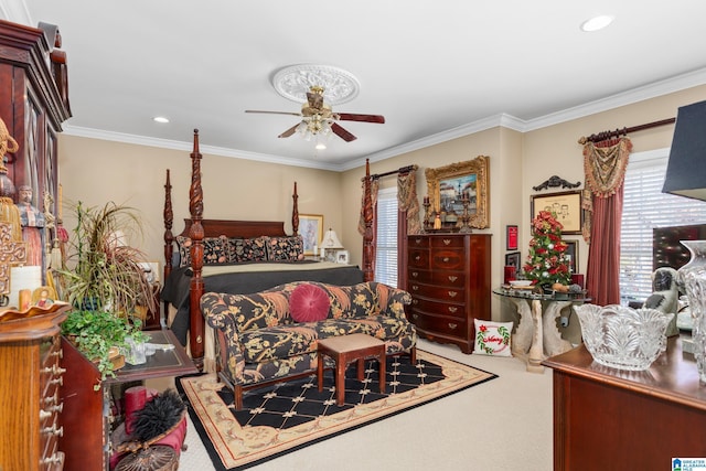 bedroom with carpet flooring, ceiling fan, and crown molding