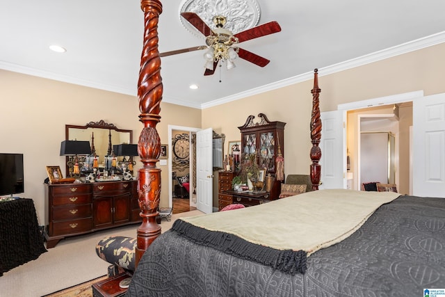 bedroom featuring ceiling fan and ornamental molding