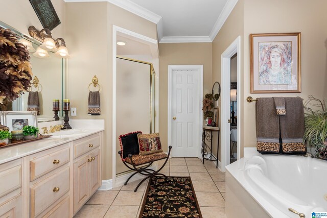 bathroom with tile patterned floors, crown molding, vanity, and independent shower and bath