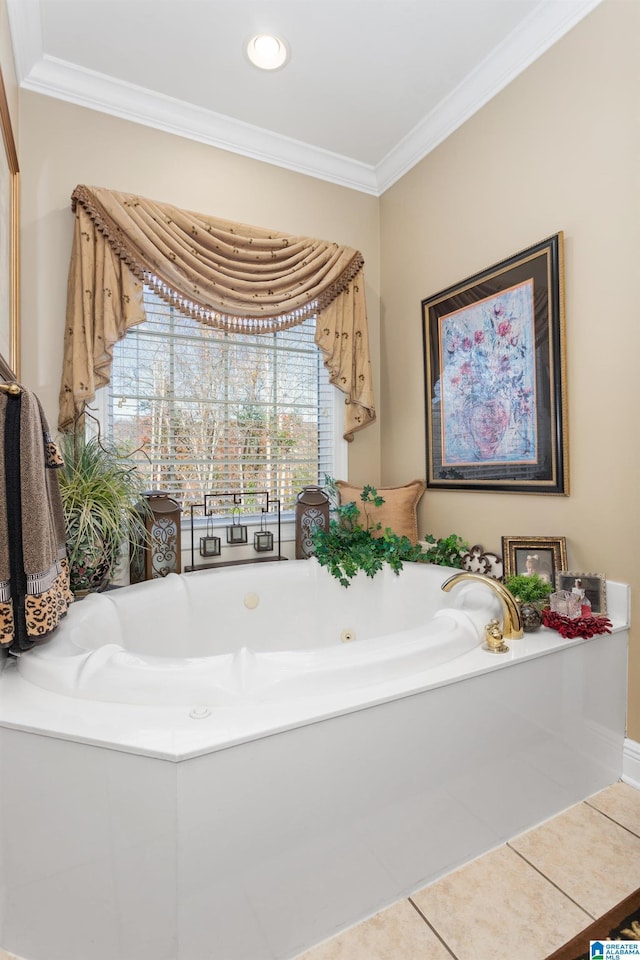 bathroom with tile patterned flooring, a tub, and ornamental molding