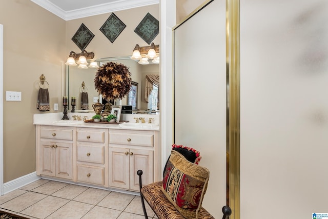 bathroom featuring tile patterned floors, crown molding, a shower with door, and vanity