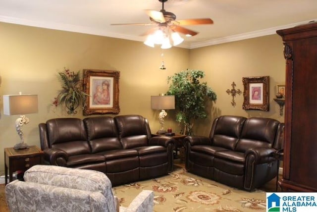 living room featuring crown molding and ceiling fan