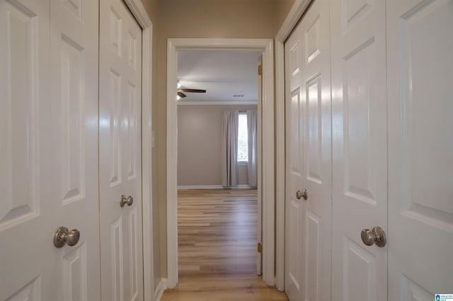 hallway featuring light wood-type flooring and crown molding